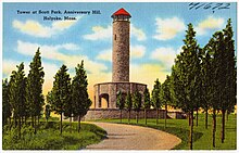Postcard depicting Scott Tower in 1972 Tower at Scott Park, Anniversary Hill, Holyoke, Mass (71672).jpg