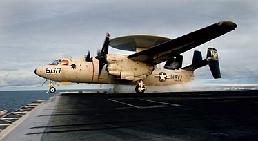 VAW-113 E-2C Hawkeye launches from USS John C. Stennis in 2003 US Navy 031115-N-6213R-293 An E-2C Hawkeye assigned to the Black Eagles of Carrier Airborne Early Warning Squadron One One Three (VAW-113) launches from one of four steam powered catapults aboard USS John C. Stennis (CVN 74).jpg