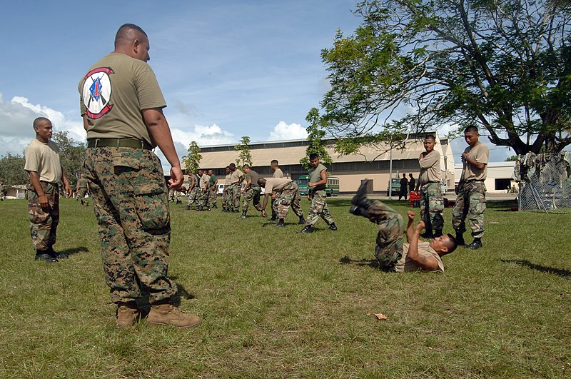 File:US Navy 070828-N-0989H-186 Members of the Belize Defense Force are instructed on controlled falling techniques by U.S. Marines assigned to a Mobile Training Team during small unit tactics training at the Price Barracks.jpg