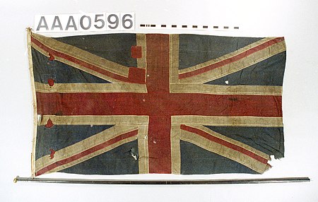 British flag left at a depot on Repulse Harbour by Lieutenant Lewis Beaumont during Captain Nares' British Arctic Expedition. Union Flag RMG RP-75-28.jpg