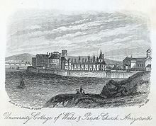 Illustration of the University College of Wales next to a parish church (1868) University college of Wales & parish church, Aberystwith.jpeg