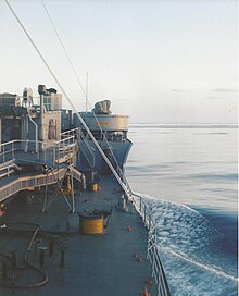 Photo taken from midships approximately 100 miles off the shore of florida. c.1967 View over the bow of USS Marias (AO-57) at sea, on 13 January 1967.jpg