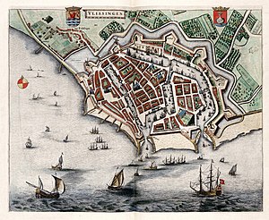 Vlissingen in 1649 before the current dock was made. It also shows the Sasbrug and the extent of the first dock Vlissingen 1649 Blaeu.JPG