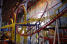 The Mindbender with the Galaxy Orbiter at Galaxyland in the West Edmonton Mall. WEM Galaxyland MindBender Galaxy Orbitter.JPG