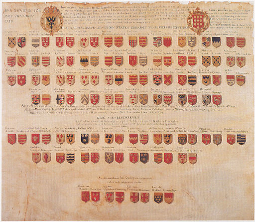 Wapenkaart uit huis van Ridderschap van Utrecht met edelen en hun ridderhofsteden ca 1674