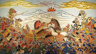 Cirebon-style wayang glass painting, depicting Bharatayudha, Collection of Bentara Budaya Jakarta Wayang Painting of Bharatayudha Battle.jpg