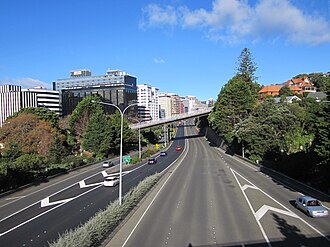 The park is bisected by the Wellington Urban Motorway. Wellington Urban Motorway passing through the Bolton Street Memorial Park - June 2012.JPG