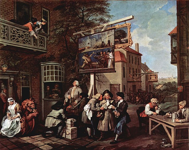 Canvassing for Votes, part of William Hogarth's Humours of an Election series, depicts the political corruption endemic in election campaigns prior to