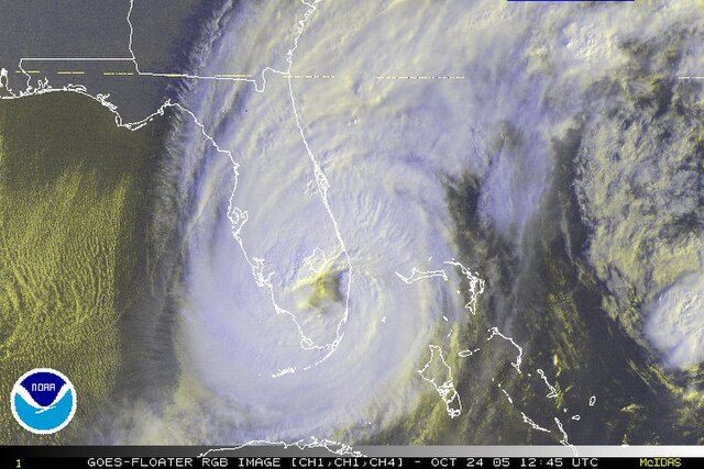 The eye of Wilma over Florida, shortly after landfall. Tropical Depression Alpha can be seen to the right.