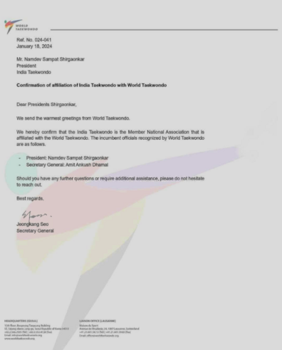 World Taekwondo Affiliation letter for India 2024.png