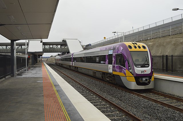 A VLocity train at Wyndham Vale station in Melbourne's west, which opened in 2015 as part of the Regional Rail Link.