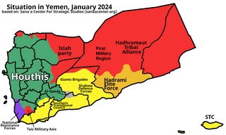 Areas controlled by Houthi movement in 2024, colored green Yemen2024.png