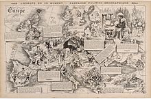 Europe at This Moment (1872) - A Political-Geographic Fantasy: An elaborate satirical map reflecting the European situation following the Franco-Prussian war. France had suffered a crushing defeat: the loss of Alsace and parts of Lorraine; The map contains satirical comments on 14 countries Yves & Barret L'Europe en ce Moment 1872 Cornell CUL PJM 2082 01.jpg