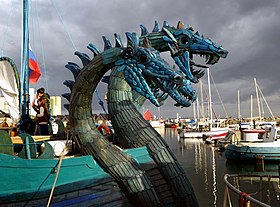 Dragon-shaped bows on ships in Ystad, Sweden resembling Viking longships Zmei Gorynich - Ystad-2019.jpg