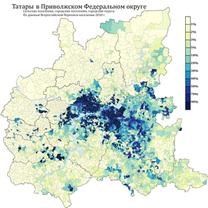 Расселение татар в Приволжского федерального округа по городским и сельским поселениям в %, перепись 2010 г.