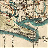 Hengistbury Head as shown in Isaac Taylor's Map of Hampshire, 1759. After the counties were redesignated in 1974, the site has been considered part of Dorset. The isolated building near the centre of the image (labelled Summer House) is the thatched barn still at the head. The barn forms part of the new visitor centre.