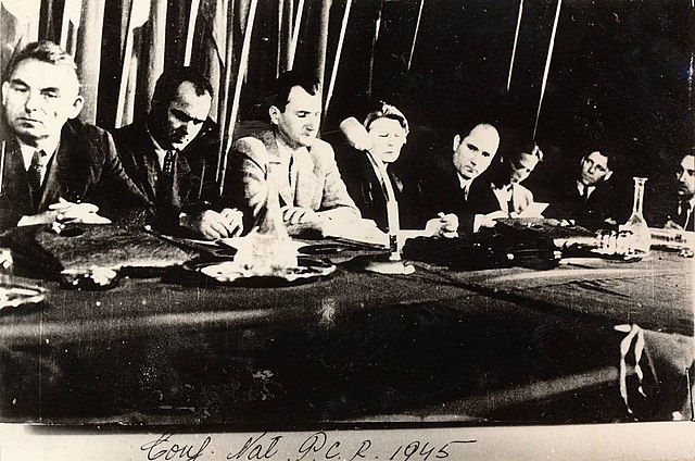 The Communist Party's National Conference of October 1945. Pictured, left to right: Vasile Luca, Constantin Pîrvulescu, Lucrețiu Pătrășcanu, Ana Pauke
