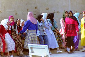 School girls visiting the Egyptian Temple of Isis from Philae Island (1995). 1995 in Egypt. Schoolgirls with hijab at Temple of Isis, Philae. Spielvogel.jpg