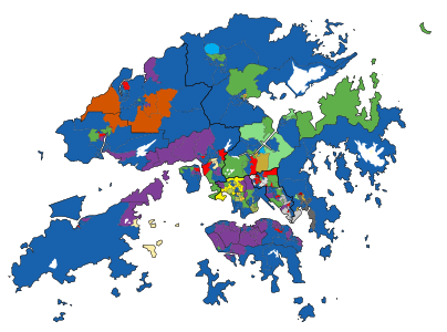Results of the 2012 LegCo election geographical constituencies: the party with most votes in each District Council Constituency.