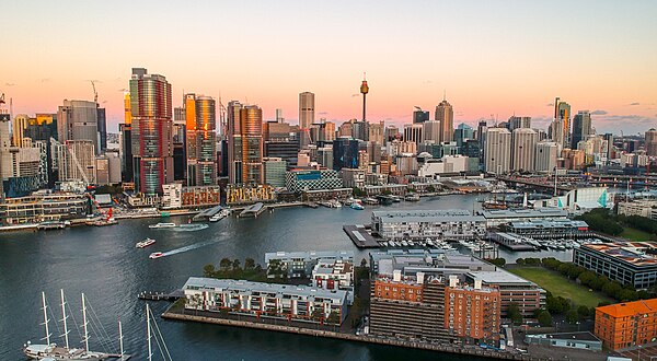 An aerial view of Darling Harbour and its surrounds, looking east