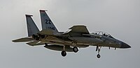 A US Air Force F-15C Eagle, tail number 83-0046, on final approach at Kadena Air Base in Okinawa, Japan