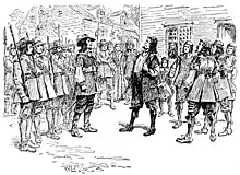 Governor Berkeley baring his breast for Bacon to shoot after refusing him a commission (1895 engraving) A Fair Mark - Shoot.jpg