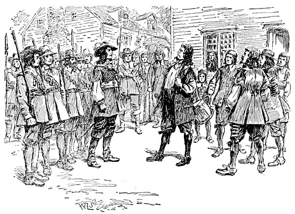 Governor Berkeley baring his breast for Bacon to shoot after refusing him a commission (1895 engraving)