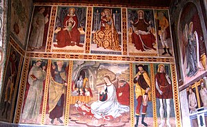 Composition of frescoes in the Church of Santa Maria Assunta in Esine attributed to Giovanni Pietro Da Cemmo Affreschi parete nord - Chiesa S Maria Assunta - Esine (Foto Luca Giarelli).jpg