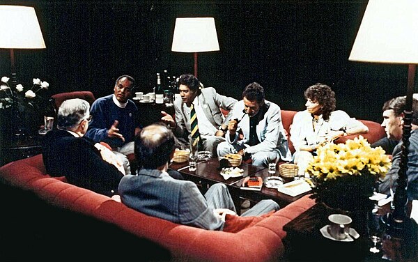Appearing (second from left) on British television discussion programme After Dark in 1988