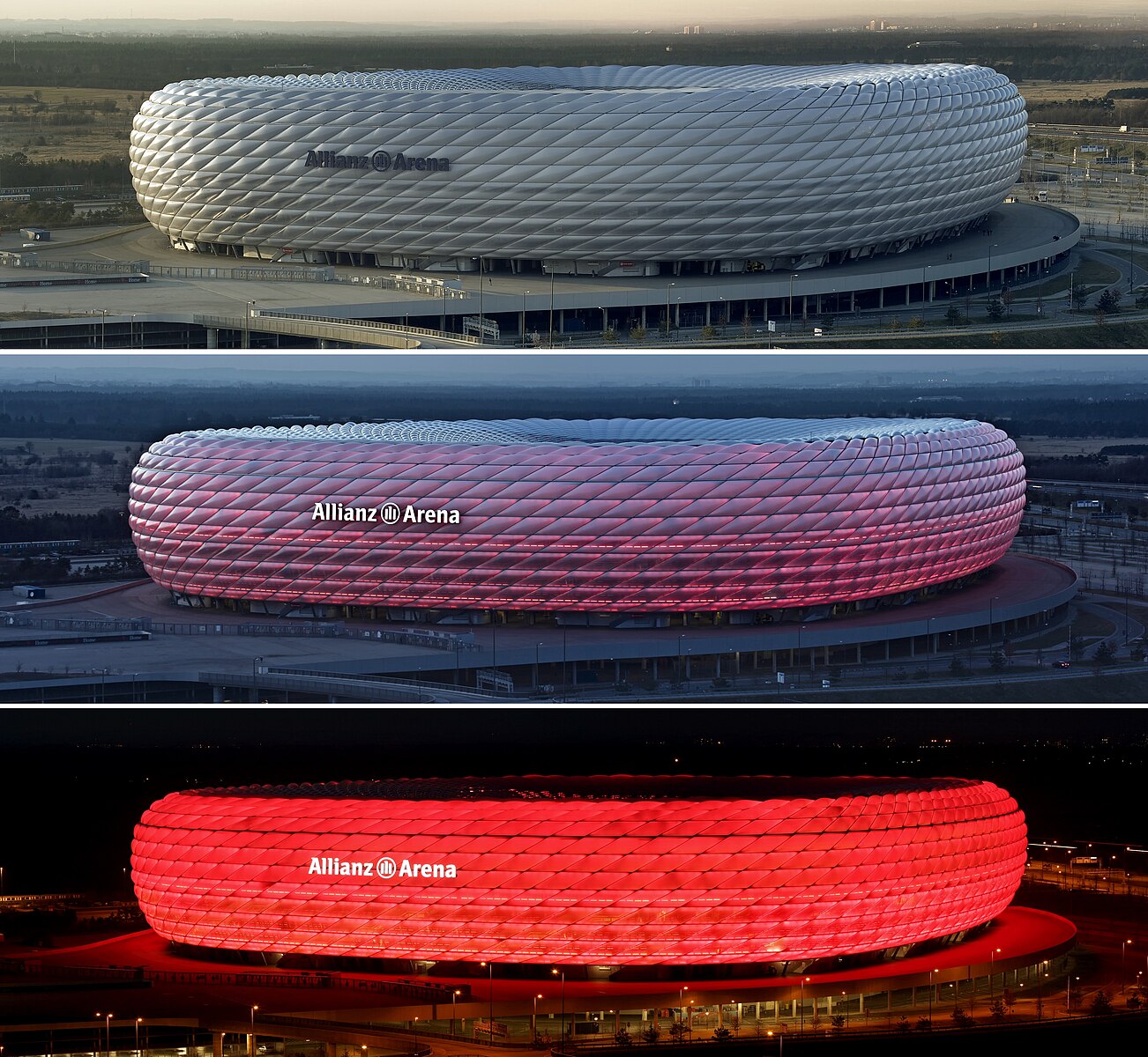 Allianz Arena i norra München vid olika tidpunkter på dagen.