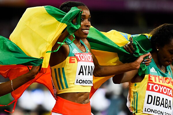 Almaz celebrates her 10,000 m win at the 2017 World Championships in Athletics in London.