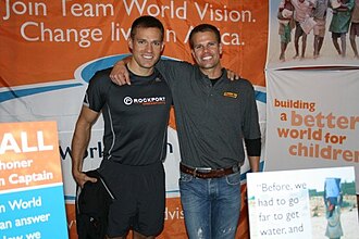 Bachelor Andy Baldwin and pro runner Josh Cox stop by to say hello at the Team World Vision expo booth. "It's for the kids!" AndyandJosh.jpg