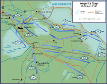 Map of the Argenta Gap showing the Allied lines of advance. ArgentaGap 1945 04 en.svg