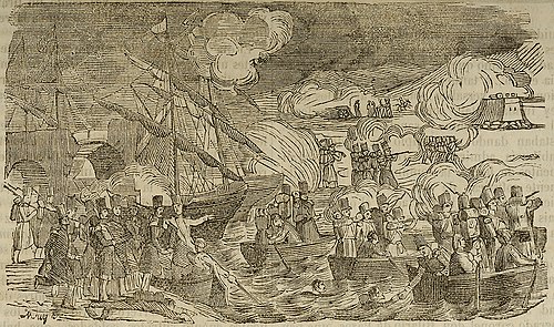 Desarrollu del ataque al ponte de Luchana poles tropes d'Espartero col sofitu de l'armada británica y española. Grabáu, reproducíu como xilografía en Panorama Español, 1849.