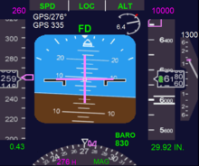 Some aircraft use crossed bars, leading the pilot to the desired attitude and flight path. Attitude indicator with FD.png