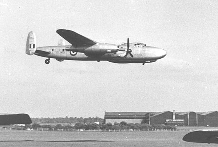 Avro Sapphire Lancastrian testbed demonstrating on its two jets with its Merlins feathered at Coventry Airport in June 1954