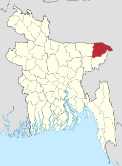 बांग्लादेश के मानचित्र पर सिलेट जिले की अवस्थिति
