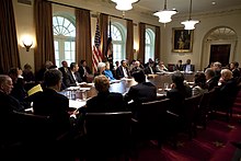 President Barack Obama at Homeland Security Council meeting in Cabinet Room to discuss the 2009 swine flu pandemic Barack Obama Meeting Swine Flu Outbreak 5-1.jpg