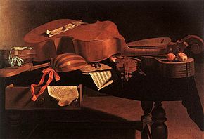 Painting by Evaristo Baschenis of Baroque instruments, including a cittern, fretted five- or six-string cello, violin, and two lutes