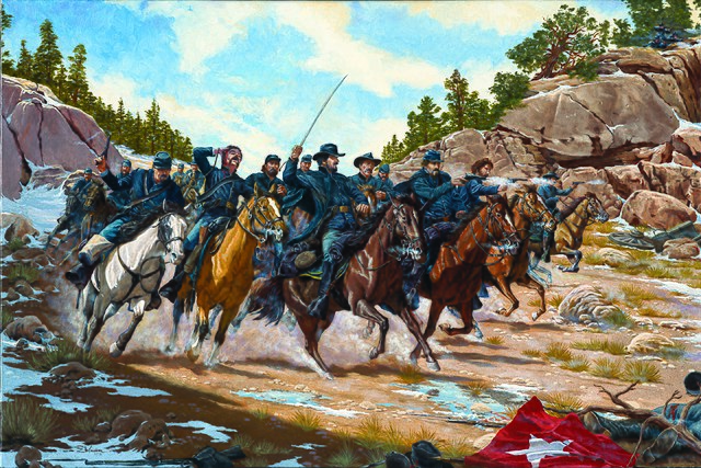 Union cavalry at the Battle of Glorieta Pass, where Colorado territorial troops defeated Confederate forces in New Mexico.