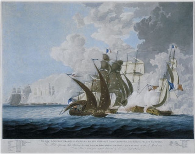 HMS Amphion, Cerberus, Volage, and Active attacking the United French and Italian Squadrons at the Battle of Lissa in the Adriatic, on 13 March 1811