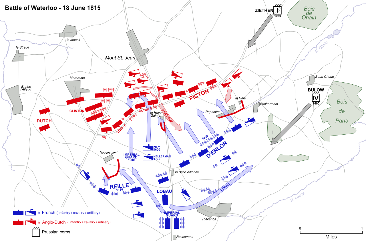 Carte des forces en présence à la bataille de Waterloo, le 18 juin 1815