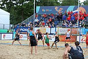 Deutsch: Beachhandball Europameisterschaften 2019 (Beach handball Euro); Tag 6: 7. Juli 2019 – Spiel um Platz Drei, Männer, Ungarn-Russland 2:0 (26:20, 23:22) English: Beach handball Euro; Day 6: 7 July 2019 – Men's Bronze Medal Match – Hungary-Russia 2:0 (26:20, 23:22)