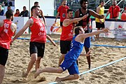 Deutsch: Beachhandball Europameisterschaften 2019 (Beach handball Euro); Tag 1: 2. Juli 2019 – Männer, Vorrunde Gruppe D, Frankreich-Montenegro 2:0 (19:7, 18:9) English: Beach handball Euro; Day 1: 2 July 2019 – Men Preliminary Round Group D – France-Montenegro 2:0 (19:7, 18:9)