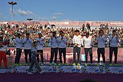 Deutsch: Beachhandball bei den Olympischen Jugendspielen 2018 in Buenos Aires; Tag 7, 13. Oktober 2018; Medaillenzeremonie Jungs - Gold: Spanien, Silber: Portugal, Bronze: Argentinien English: Beach handball at the 2018 Summer Youth Olympics in Buenos Aires at 13 October 2018 – Medal Ceremony Boys - Gold: Spain, Silver: Portugal, Bronze: Argentina Español: Handball de playa en los Juegos Olimpicos de la Juventud Buenos Aires 2018 en 13 de octubre de 2018 – Medalla Ceremonia para niños - Oro: España, Plata: Portugal, Bronce: Argentina