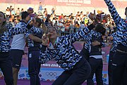 Deutsch: Beachhandball bei den Olympischen Jugendspielen 2018 in Buenos Aires; Tag 7, 13. Oktober 2018; Medaillenzeremonie Mädchen - Gold: Argentinien, Silber: Kroatien, Bronze: Ungarn English: Beach handball at the 2018 Summer Youth Olympics in Buenos Aires at 13 October 2018 – Medal Ceremony Girls - Gold: Argentina, Silver: Croatia, Bronze: Hungary Español: Handball de playa en los Juegos Olimpicos de la Juventud Buenos Aires 2018 en 13 de octubre de 2018 – Medalla Ceremonia para niñas - Oro: Argentina, Plata: Croacia, Bronce: Hungría