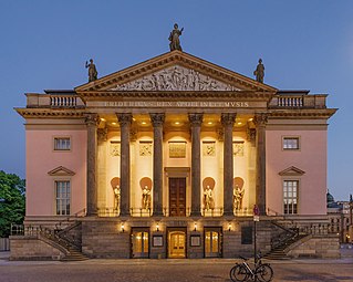 Exterior of the State Opera at evening blue hour, 2018