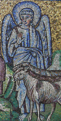 Excerpt of a Byzantine-Mosaic-Image. A blue angel, probably representing the Devil, standing before goats. Early 6th century. BlueAngel.png