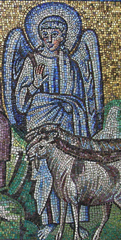 Excerpt of a Byzantine-Mosaic-Image. A blue angel, probably representing the Devil, standing before goats. Early 6th century.