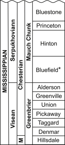 Stratigraphic position of the Bluefield Formation in the Mauch Chunk Group Bluefieldius Fig-1-full.png